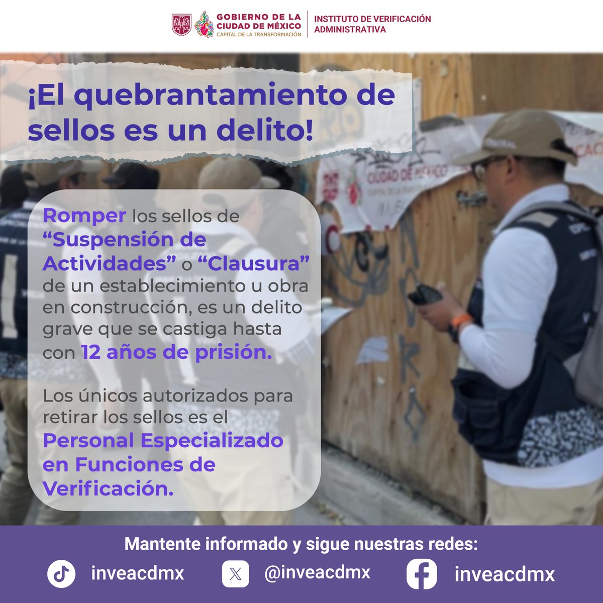 inveacdmx's tweet photo. ¿Sabías que el quebrantamiento de sellos es un delito? 🚫⚠️

Más allá de una sanción económica, el quebrantamiento de sellos del #INVEA conlleva responsabilidades penales que pueden afectar permanentemente tu patrimonio y libertad. El respeto a las suspensiones es el primer paso para resolver cualquier situación administrativa.

No compliques el estatus de tu establecimiento. Si tienes sellos, el camino correcto es la asesoría y la regularización. ⚖️