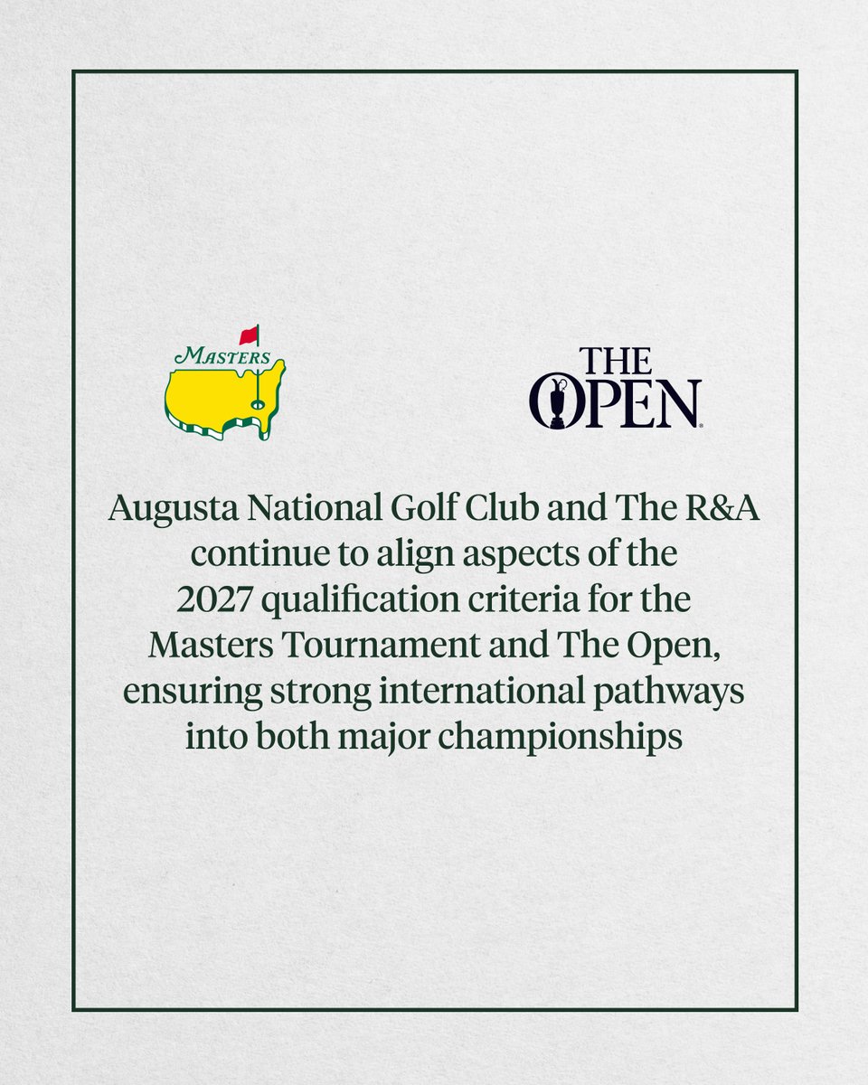 TheOpen's tweet photo. Today, The R&amp;A and Augusta National Golf Club announced plans for continued alignment regarding qualification criteria for @TheMasters Tournament and The Open.

More here: https://t.co/wRGws665nV https://t.co/xxtKl42mX6