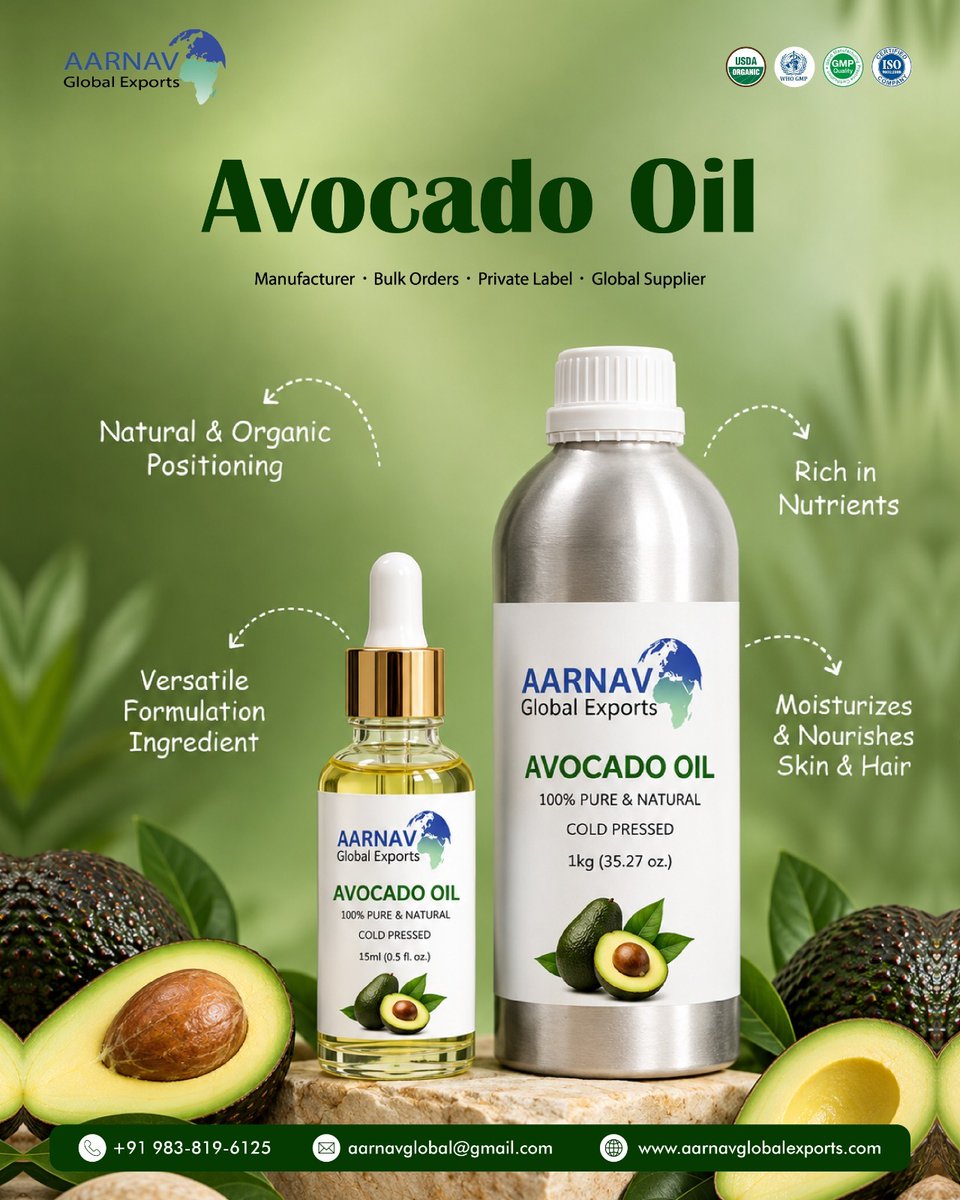 GlobalAarnav's tweet photo. Add Avocado Oil to Your Skincare and Haircare Formulation

Contact Aarnav Global Exports today to enquire
Call us : +91 983-819-6125
Email : aarnavglobal@gmail.com
Visit : https://t.co/UBPkrAyyab

#AvocadoOil #AvocadoOilWholesale #BulkCarrierOils #Skincare #AarnavGlobalExports https://t.co/BPFSf1aBSa