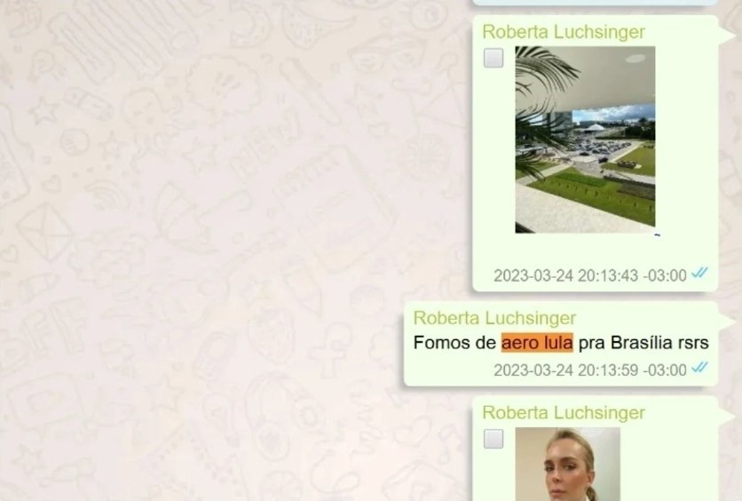 bralternativo_'s tweet photo. 🚨🇧🇷 AGORA: Registros de WhatsApp de Roberta Luchsinger indicam que ela utilizou voos da Força Aérea Brasileira e frequentou dependências do Palácio do Planalto e a residência do presidente Lula.

Embora Lula tenha afirmado em sabatina não conhecer a lobista, documentos e mensagens sugerem encontros e viagens da mesma sob referência ao presidente como “pai do Fábio”.