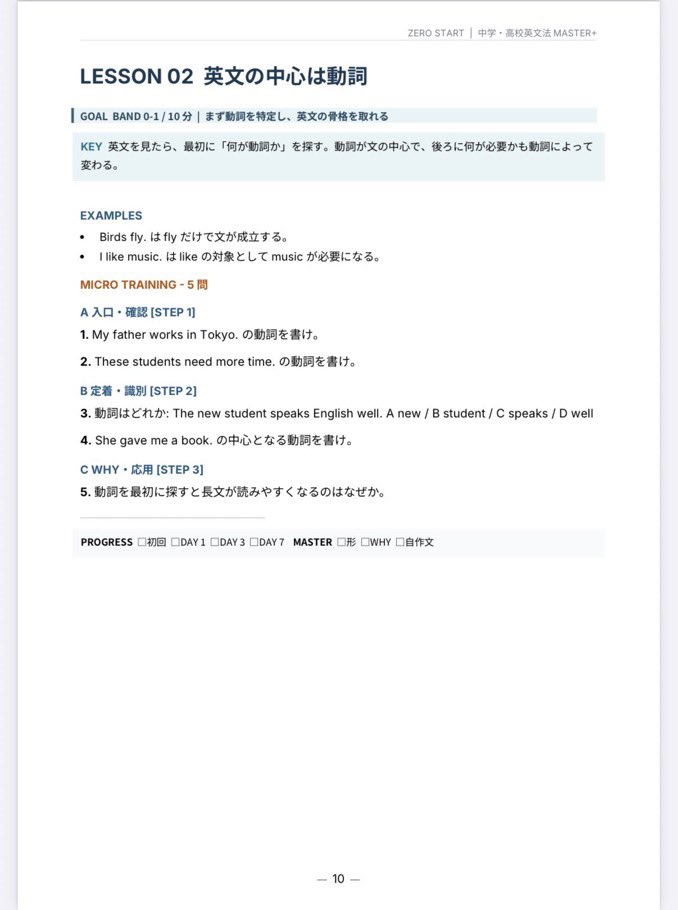 kurodaschool's tweet photo. https://t.co/JPicReynSB
【英語が苦手な人向け・英文法教材を公開します】

『ゼロから始める 中学・高校英文法 MASTER』

中学英語の基礎から、高校卒業相当〜大学中級相当の英文構造までを107ページにまとめました。

単なる暗記ではなく、
・なぜその形になるのか
・どこを見れば正解できるのか
・長文でどう文法を使うのか
を問題演習を通して身につける構成です。

START CHECK → 56 LESSON → 復習テスト → 長文読解 → 英作文まで収録。

「英文法を一度ちゃんとゼロからやり直したい」という人に使ってもらえればと思います。
#英語
