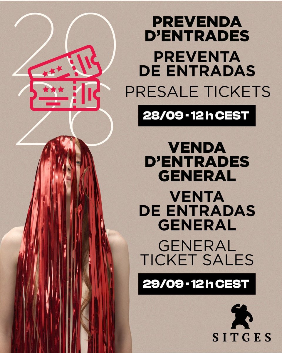 sitgesfestival's tweet photo. Ha arribat el moment de la prevenda i la venda d'entrades. La prevenda serà el dia 28 de setembre a les 12:00h CEST i la venda tindrà lloc el dia 29 de setembre també a les 12:00h.

Podreu consultar la programació d'enguany a la nostra pàgina web a partir de demà.

Us hi esperem! https://t.co/5CfsDbMhKL