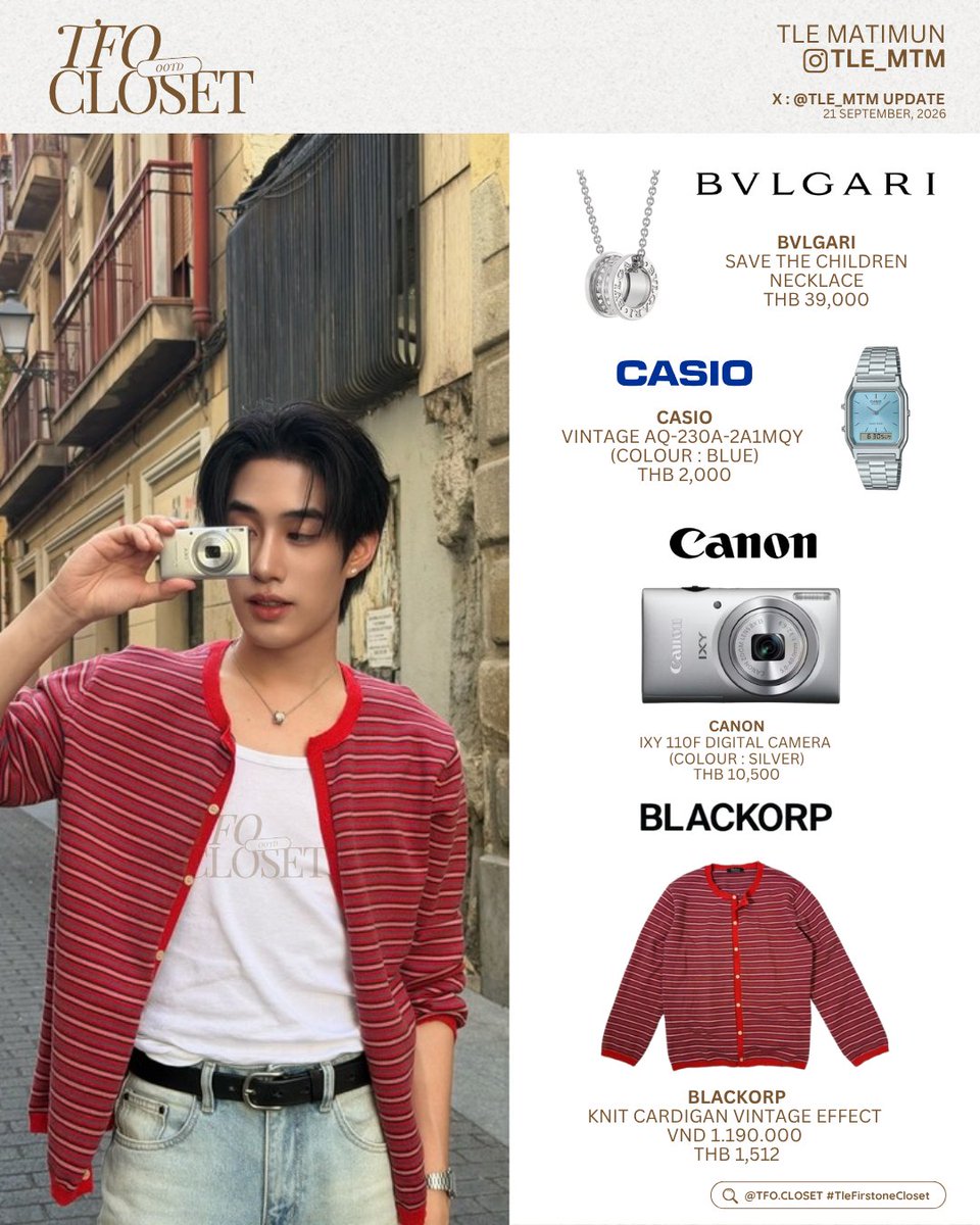 tfocloset's tweet photo. [ #TleFirstoneCloset ] ✨
@TLE_mtm #TLE_mtm

🗓️ 21.09.2026
X : TLE_MTM UPDATE 

— #Bvlgari @Bulgariofficial 
⭐️Save The Children Necklace
THB 39,000

— #Casio @CASIOJapan 
⭐️Vintage AQ-230A-2A1MQY
THB 2,000

—  #Canon @Canon 
⭐️IXY 110F Digital Camera
(Colour : Silver)
THB 10,500 

— #Blackorp 
⭐️Knit Cardigan Vintage Effect
VND 1.190.000
THB 1,512

🖇️✩#TleFirstone #เติ้ลเฟิร์สวัน ˚⊹♡