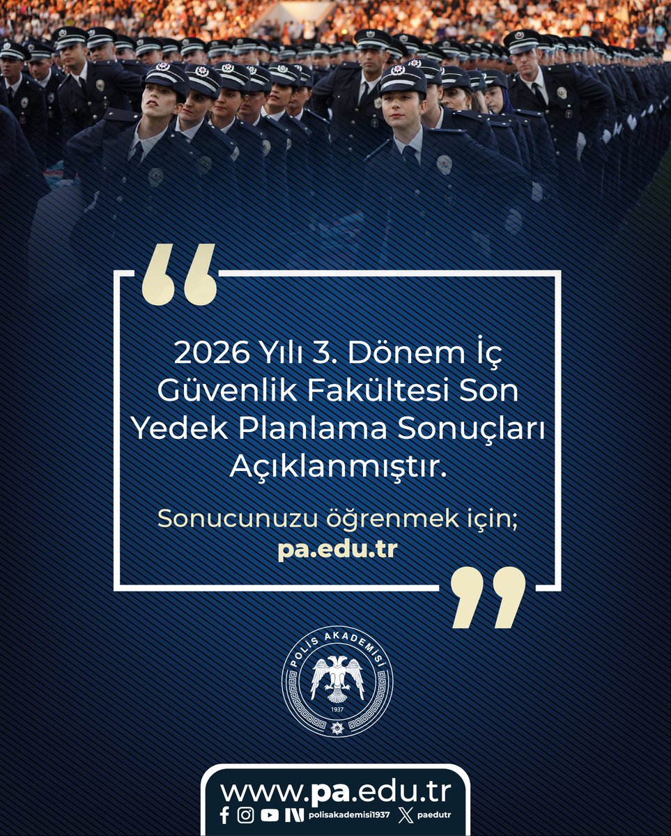 paedutr's tweet photo. 2026 Yılı 3. Dönem İç Güvenlik Fakültesi Son Yedek Planlama Sonuçları Açıklanmıştır.

💻Sonucunuzu öğrenmek için; https://t.co/vGBZeIW2H7 https://t.co/hz1mDB30NA
