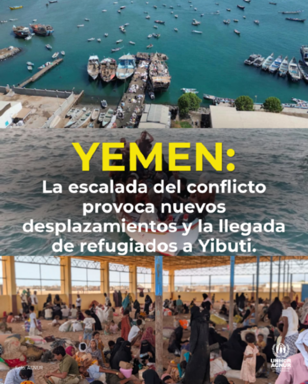 ACNURspain's tweet photo. La escalada del conflicto en Yemen está provocando nuevos desplazamientos y la llegada de refugiados a Yibuti.

La población civil debe ser protegida.
La ayuda humanitaria debe llegar a quienes la necesitan. https://t.co/CZtfXVQkCG