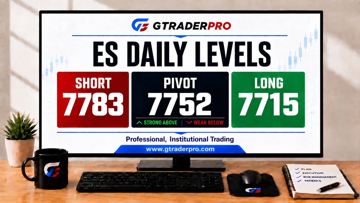 GTraderPR0's tweet photo. 📊 ES Daily Levels

🟢 Long: 7715
🔴 Short: 7783

⚖️ Pivot: 7752

Above pivot = strength
Below pivot = weakness

🔥 Get your FREE week in our Trade Room.

🌐 https://t.co/Ws2Kxyeka4

#ES #FuturesTrading #GTraderPro https://t.co/Nz1E7A8VvQ
