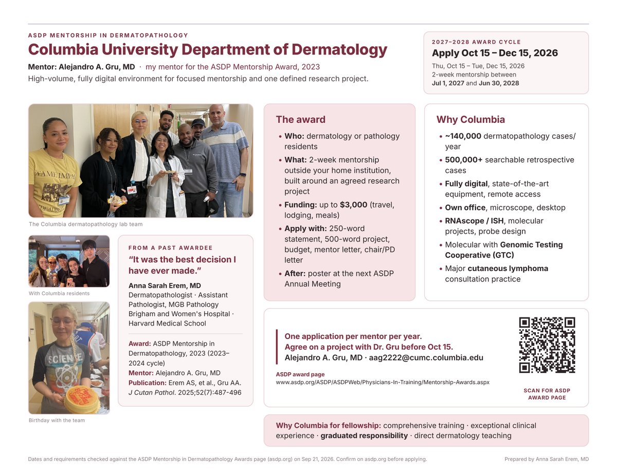 CakePath's tweet photo. 🔬 Interested in dermpath? This is the path forward!
🎓 ASDP Mentorship Award: Two weeks with any ASDP full-member mentor (not just the list provided 👇🙃; funding up to $3,000.
📅 Apply Oct 15 to Dec 15
👉https://t.co/g5Hzv0EtHB
#dermpath #ASDP26 #PathTwitter #DermTwitter #pathresidents #FutureDermpath #Mentorship @ASDPTweets @TheUSCAP @Pathologists @ColumbiaDerm