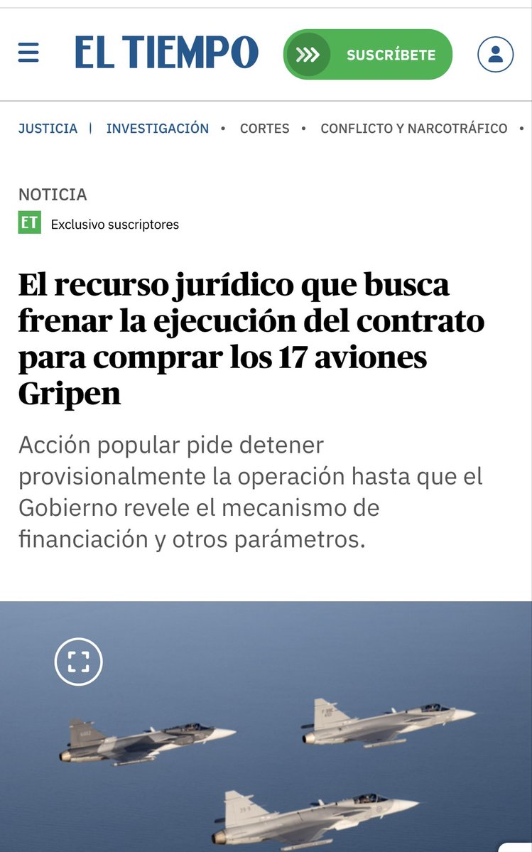 ByViral24's tweet photo. 🇨🇴🔴ATENCIÓN. Recurso jurídico busca tumbar la ejecución de la millonaria compra de los aviones Gripen hecha por @petrogustavo y quien recibiría una millonaria comisión en un paraíso fiscal. 

Vía @ELTIEMPO https://t.co/OqwVCob45V