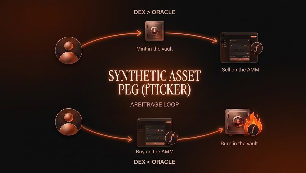 openforgefi's tweet photo. Maintaining the peg for a synthetic asset (fTICKER) relies on a standard arbitrage loop:

• DEX > Oracle: Mint against USDG and sell on the AMM.
• DEX < Oracle: Buy on the AMM and burn in the vault.

The core innovation protecting protocol solvency is the Market Guard:

• Off-Hours & Halts: The CDP vault book freezes. Minting, burning, and liquidations against stale prints are completely blocked.
• Uniswap v4 AMM: Secondary trading stays open 24/7, but the peg is only enforced during cash market hours.