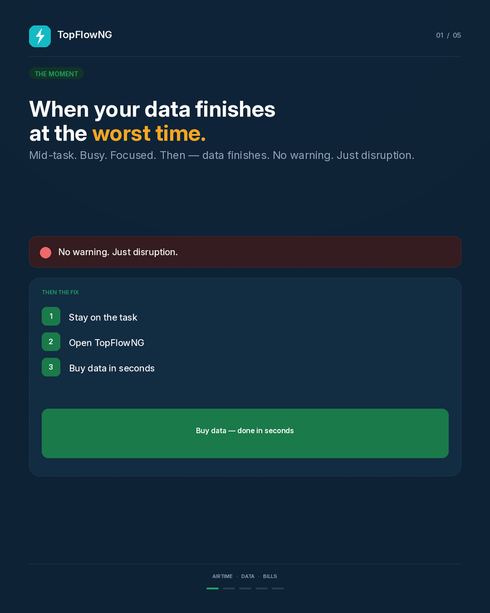TopflowNG's tweet photo. Mid task. Busy. Focused.
Then, data finishes.
No warning. Just disruption.
TopFlowNG keeps it simple:
airtime, data, and bills, done in seconds.
No delays. No switching apps. Just flow. 

#AirtimeTopup #DataBundle #NigeriaTech #FintechNigeria #DigitalPayments #MobileLife #QuickPa https://t.co/URNOH4xqik