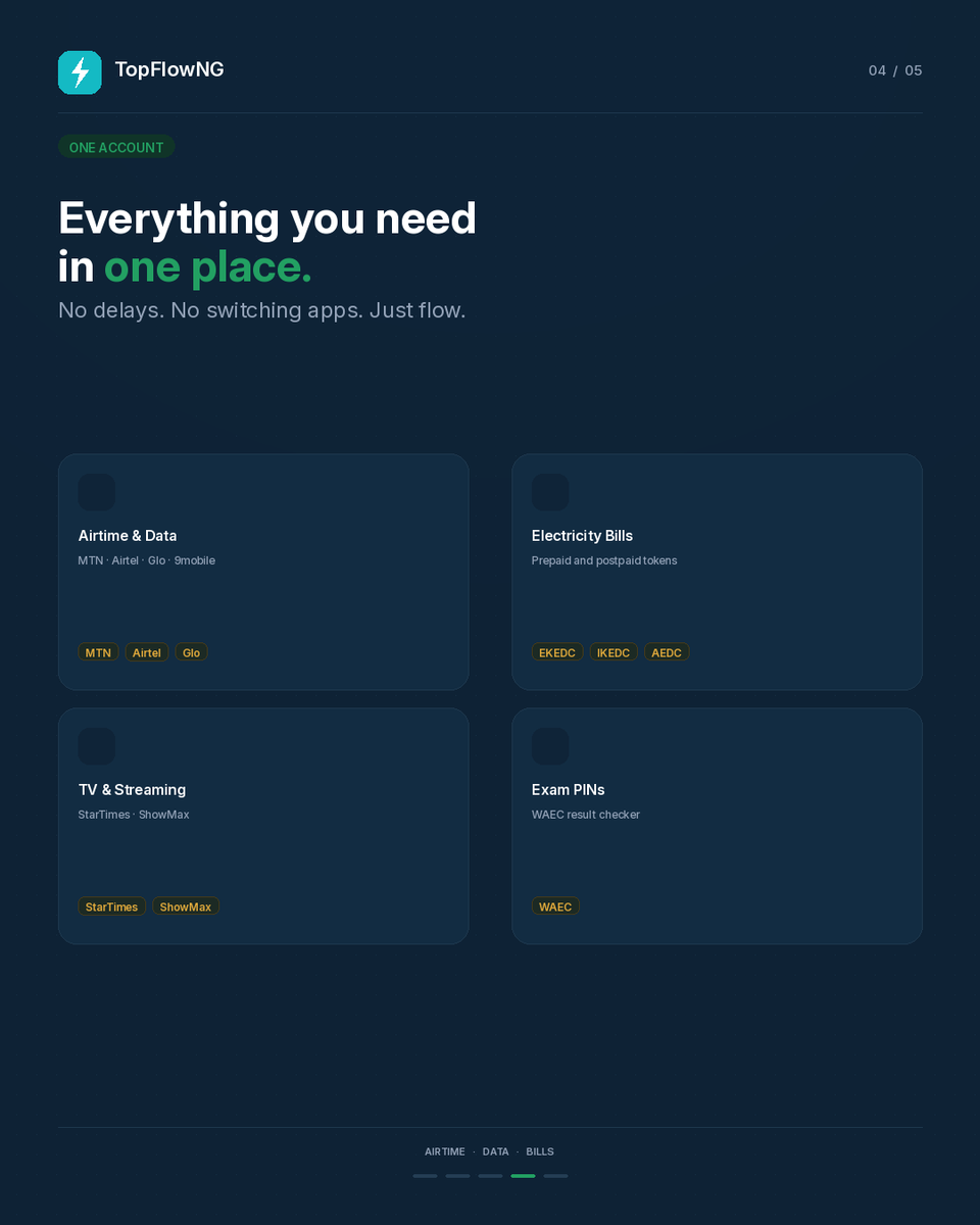 TopflowNG's tweet photo. Mid task. Busy. Focused.
Then, data finishes.
No warning. Just disruption.
TopFlowNG keeps it simple:
airtime, data, and bills, done in seconds.
No delays. No switching apps. Just flow. 

#AirtimeTopup #DataBundle #NigeriaTech #FintechNigeria #DigitalPayments #MobileLife #QuickPa https://t.co/URNOH4xqik
