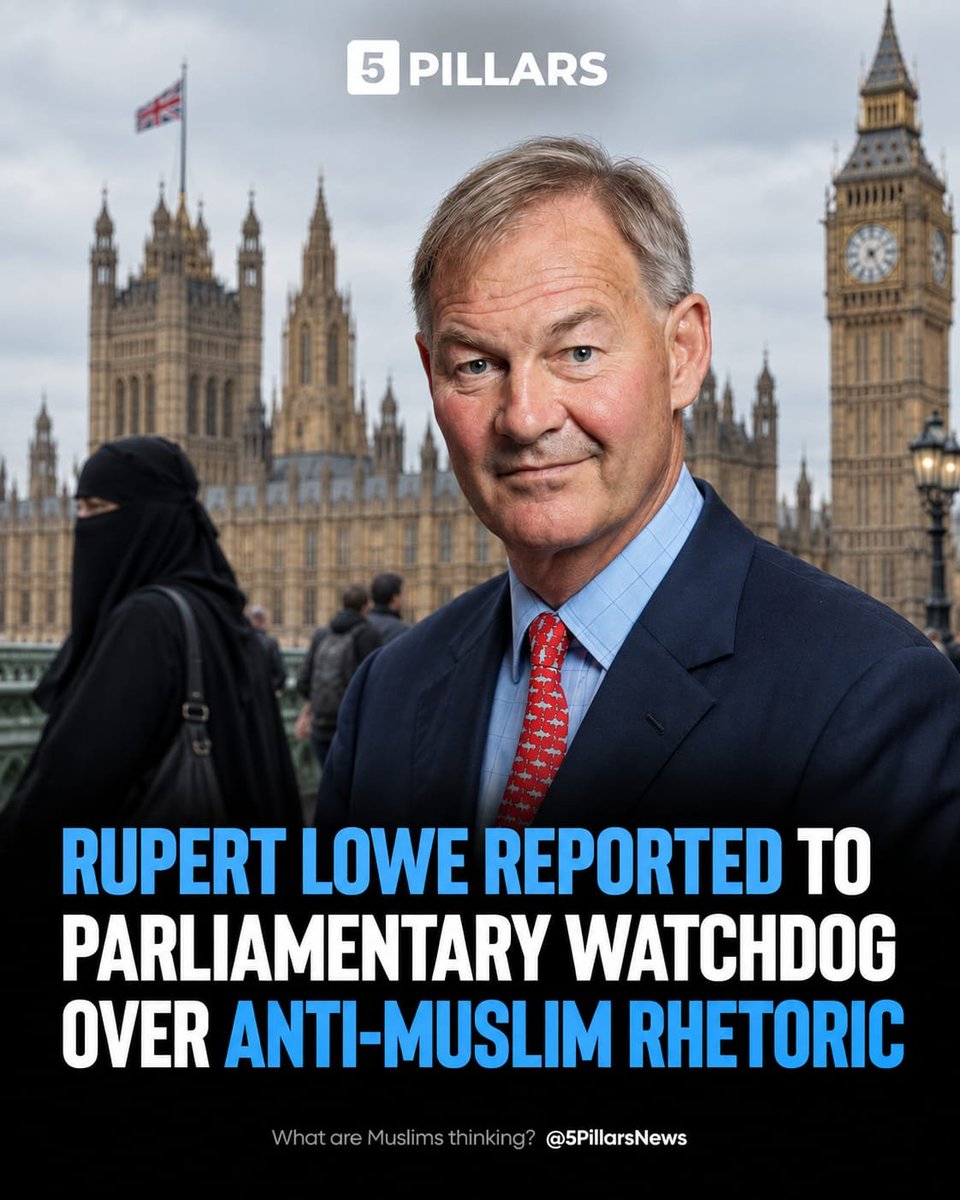 5Pillarsuk's tweet photo. 🚨 Rupert Lowe MP has been reported to Parliament's standards watchdog over his repeated rhetoric about Muslims, Islam and Pakistanis. 

A formal complaint seen by 5Pillars to the Parliamentary Commissioner for Standards argues that Lowe's public statements are so serious and sustained that they risk damaging the reputation and integrity of Parliament itself. 

It highlights his repeated use of the term "Pakistani Muslim rape gangs," claims of an "undeniable link" between Islam and rape gangs, and warnings about "Islamification of Britain." 

It asks the Commissioner to consider whether this cumulative pattern crosses the line into misconduct and warrants a formal investigation. 

Lowe has previously rejected accusations of racism or Islamophobia and defends his interventions as raising issues others won't confront.