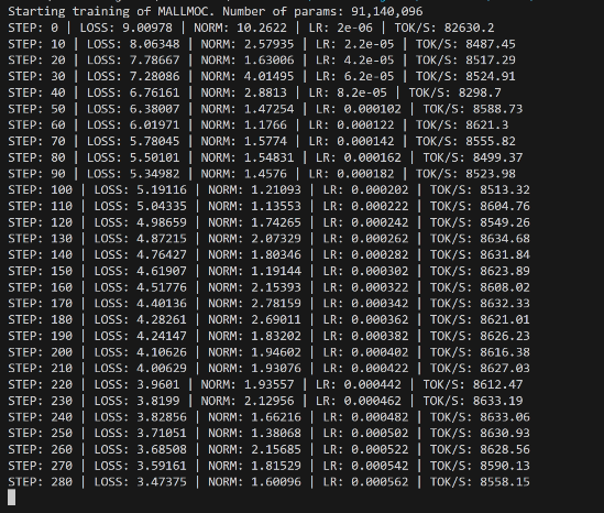 h00recki's tweet photo. the 180M model came out absolutely retarded after 40% of training, so i started training on python instead of cosmopedia and C++. I think it will be easier for it to grasp and won't have to memorize 67 676 676 biological names from cosmopedia

Also it trains 4x faster. 90M params https://t.co/9yU9O60xPE