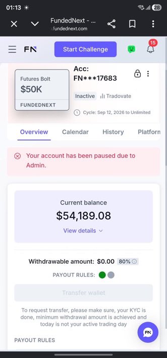 propwatchmedia's tweet photo. 🚨 BREAKING: FUNDEDNEXT TERMINATES TRADER AFTER PAYOUT REQUEST

A trader claims @fnfutures permanently terminated his $50K Futures account after he requested a payout. He says the account reached $54K+, completed the payout requirements and requested a $1,200 payout.

According to @Pramod_29_ , just 2 hours later, FundedNext requested a Compliance Session. He says he completed it alone, without any external assistance. Around 24 hours later, his account was permanently terminated for allegedly receiving “external assistance” during the session.

The trader strongly denies this and says he repeatedly asked for the evidence, timestamp or recording showing where the alleged assistance was detected but claims he still hasn’t received it.

What makes this even more serious: he says $960 had already been paid from the same trading activity, while $4,189 profit was made before the Compliance Session.

If the violation happened, show the evidence.

What exactly was detected? At what timestamp? What triggered the permanent termination?

A termination notice saying “significant discrepancies” isn’t the same as showing the trader what those discrepancies actually were.

Payout requested → Compliance Session → Alleged violation → Permanent termination.

This sequence alone doesn’t prove wrongdoing by either side. But it absolutely deserves a clear explanation.

@FundedNext @Jayed_FN @galibsyed_ 
@fnfutures 

If the evidence exists, explain it. If there was an error, fix it.

Traders deserve transparency when thousands of dollars are at stake.