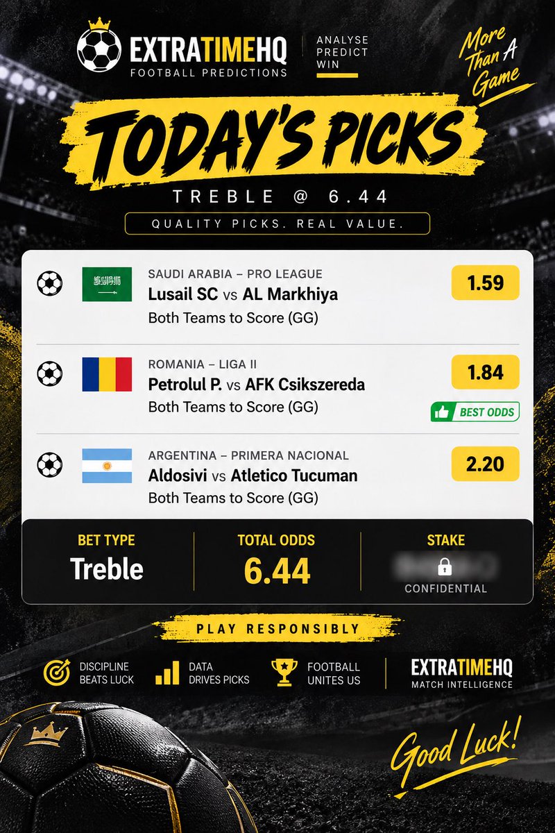 ExtraTimeBall's tweet photo. 🔥 EXTRATIMEHQ TREBLE FILE ⚽️🔐

🎯 3 PICKS | @6.44
GG — GG — GG 🥶🔥

Stay locked in! 🤝⚽️
#ExtraTimeHq https://t.co/Cr4mxdKNBi