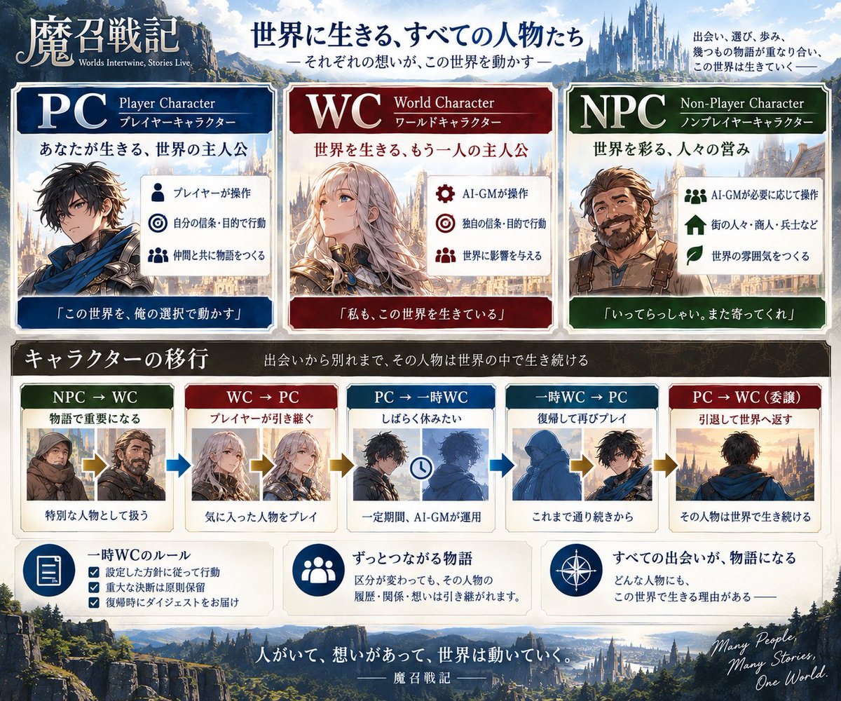 TaleweaveJP's tweet photo. 魔召戦記ではあなたのPCの設定が物語となります！

またPC同等のWC（ワールドキャラクター）という存在もいます！

彼らが織り成す物語を楽しみましょう！

リアルイベントでは、WCやNPCをロールプレイするチャンスもあります！

#魔召戦記
#マルチサンドLARPゲーム
#Taleweave https://t.co/x2SZqoJ2OF