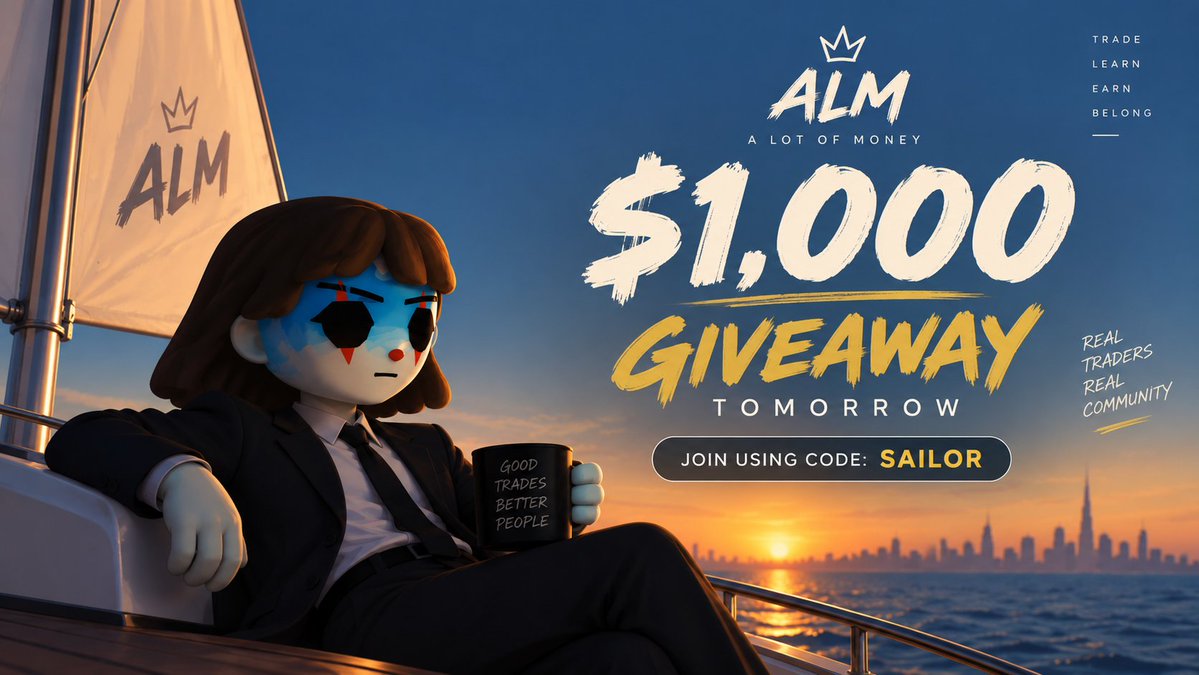 Sailor_web3's tweet photo. $1,000 giveaway tomorrow.

And this is exactly why I keep telling people #ALM is more than just a trading chat.

You can come in for the trades, stay for the people, learn from the traders around you, use the tools, explore the vault, and now you’ve got another $1,000 giveaway dropping on top of all that.

@Crypto_Retardio is actually giving people reasons to stay active in the community.

And if you've been thinking about joining, this is probably your sign.

Use my code SAILOR when you join #ALM .

Then come back and tell me I sent you.