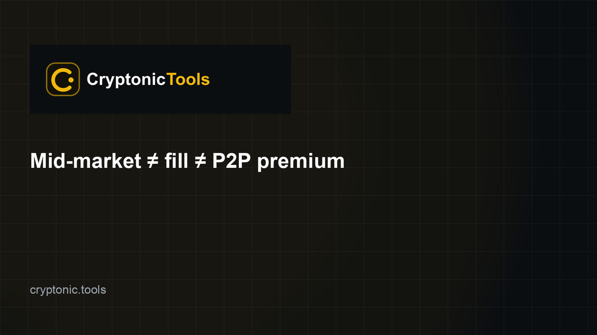 CryptonicTools's tweet photo. A mid-market index ≠ your fill price.

Spreads, fees, and P2P premiums still apply.
Know the gap: https://t.co/Zvm2J8yZ6T https://t.co/QEFguiQkVc