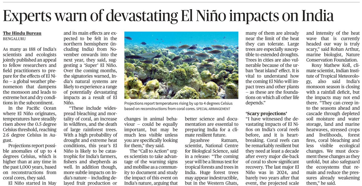 RockSea's tweet photo. Sharing a call to action signed by 188 scientists and ecologists from across India, urging researchers and field practitioners to prepare for, document and respond to the ecological impacts of the evolving 2026/27 El Niño.
India’s monsoon season is closing with a rainfall deficit, but the impacts may not end there. They can creep into the seasons ahead and cascade through depleted soil moisture and water storage, land and marine heatwaves, forest fires, coral bleaching and less visible ecological changes. The call asks us not only to strengthen monitoring, but also to safeguard the ecosystems that remain and reduce the pressures already weakening them.
The full call is available here:
https://t.co/qNY8sM9kyp