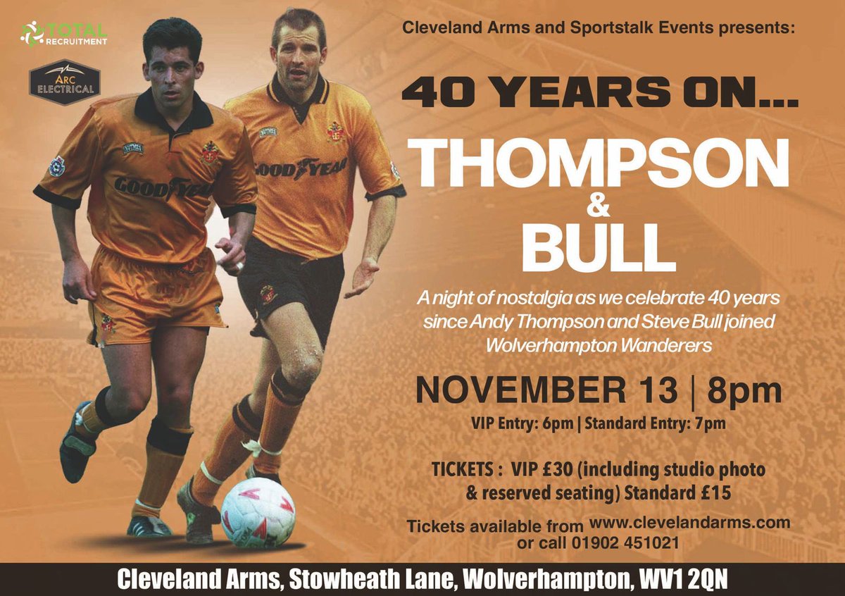 Cleveland_Arms's tweet photo. Following the Black Country Derby win how about an evening with two players who crossed the divide.
It’s 40 years since Bully and Thommo joined the Wolves from WBA.
We have them both live on stage on November 13.
Tickets available now ⬇️ https://t.co/0idtWL77cf