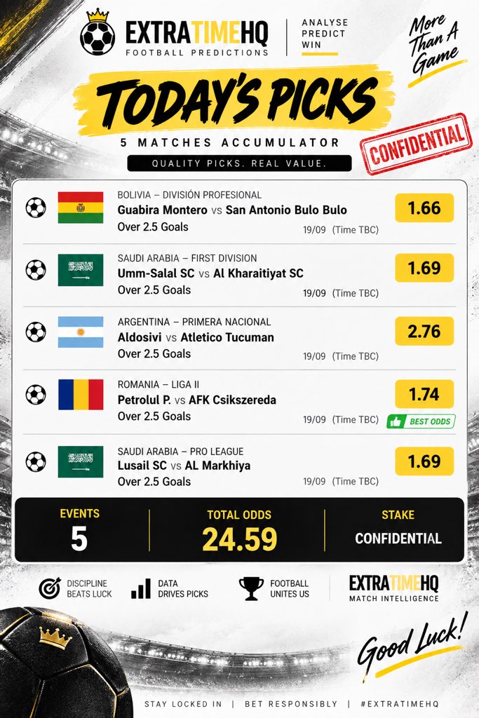 ExtraTimeBall's tweet photo. 🔥 5-FOLD GOALS FILE! ⚽️
🎯 Over 2.5 Goals | @24.59 🔐

Stay locked in, my guys! 🤝🥶

#ExtraTimeHq https://t.co/1MqRBPaa8t