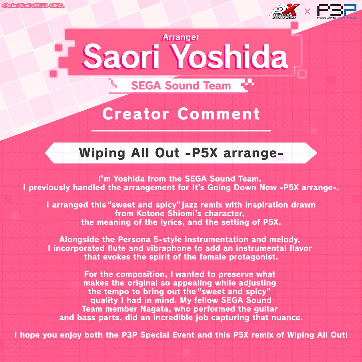 P5XOfficialWest's tweet photo. ／
Creator Comment
Wiping All Out -P5X arrange-
＼

To celebrate the P3P x P5X Special Event, we're sharing a special creator comment from Saori Yoshida of the SEGA Sound Team who made the arrangement! ✨

Take a moment to read it while listening to the new track! 🎧

#P5XEN #P3P #P3PxP5X