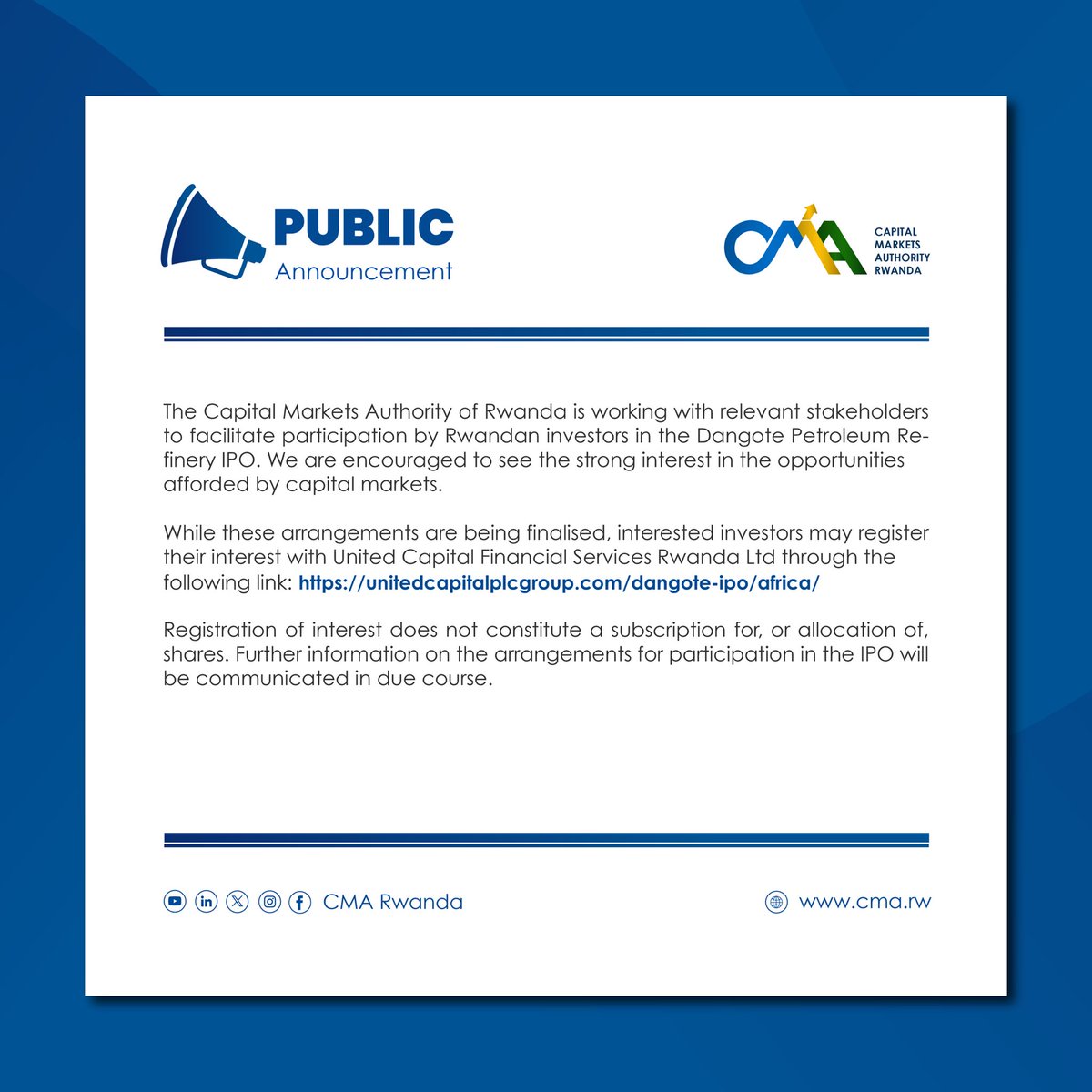 MwangoCapital's tweet photo. While Rwanda’s CMA has taken steps to facilitate Rwandan investors’ participation in the Dangote Refinery IPO, Kenya’s CMA has only sent out a press release saying that the IPO hasn’t been submitted for approval in Kenya. https://t.co/TKzM7mW1oX