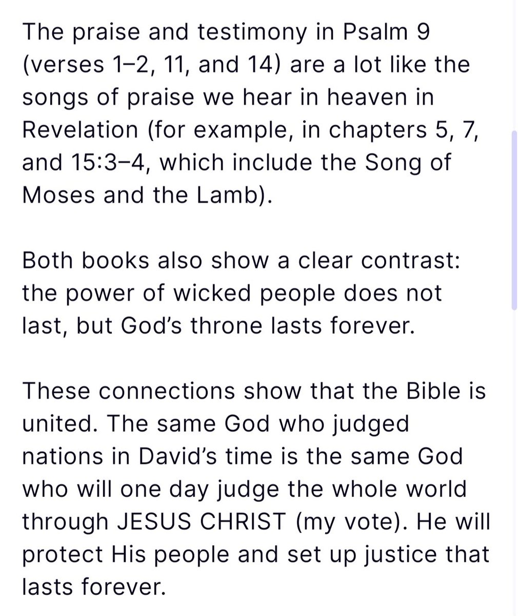UltraMagaVAhead's tweet photo. PSALM 9 acts like a pattern or blueprint that the book of Revelation builds on and completes. 

In Psalm 9, David celebrates how God has already defeated his enemies and will keep winning in the future. ..... @realDonaldTrump @POTUS @secwar @PeteHegseth https://t.co/xz1oTNKPbD