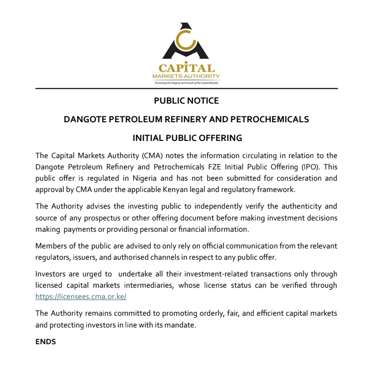 MwangoCapital's tweet photo. While Rwanda’s CMA has taken steps to facilitate Rwandan investors’ participation in the Dangote Refinery IPO, Kenya’s CMA has only sent out a press release saying that the IPO hasn’t been submitted for approval in Kenya. https://t.co/TKzM7mW1oX