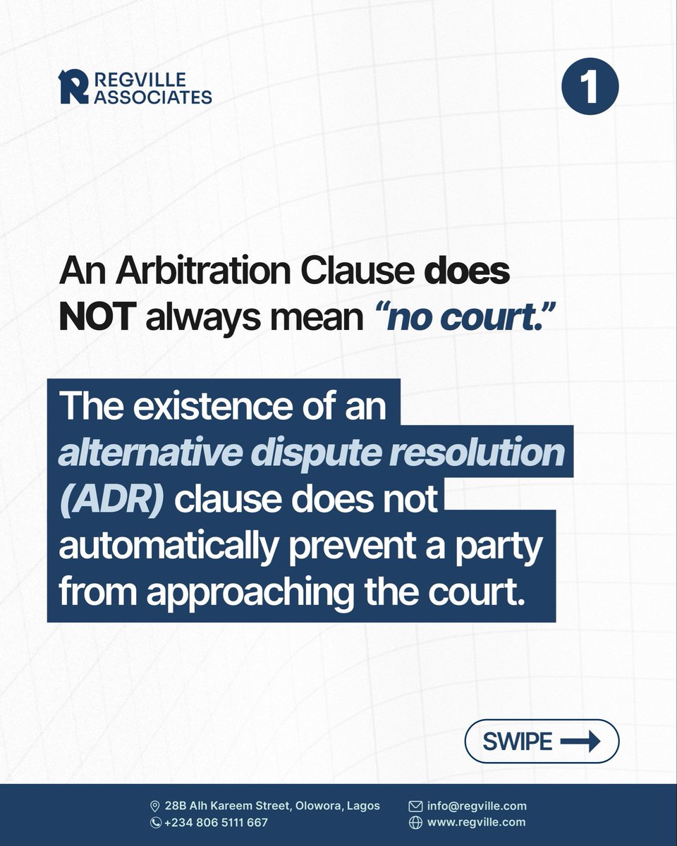 Regvilleinfo's tweet photo. Contracts, arbitration &amp; court proceedings.

Do you understand that the knowledge of your legal options can make a difference? 

Save this for your next contract review and share with a business owner who needs it.
#contractlaw #arbitration #adr #nigerianlawyer https://t.co/QqlxzKq2ro