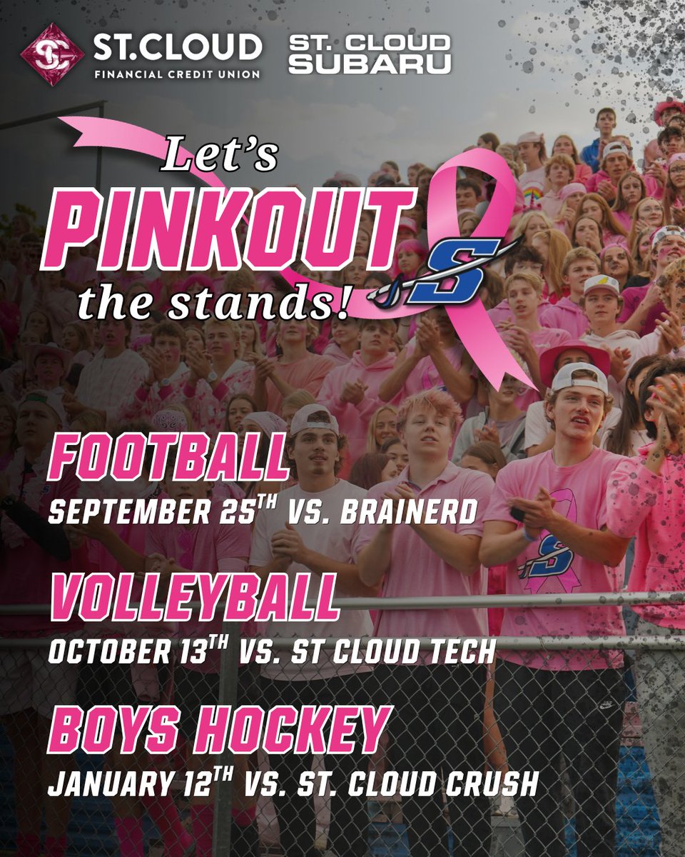 gosartellsabres's tweet photo. Sabre Athletics is going PINK! 💗⚔️

Football, Volleyball &amp; Boys Hockey will each host a cancer awareness game this year supporting the Tri-Unity Foundation and Randy Shaver Cancer Research and Community Fund.

It starts THIS FRIDAY! 🏈
🆚 Brainerd | ⏰ 7 PM
PINK OUT THE STANDS https://t.co/a2UBqWlqQY