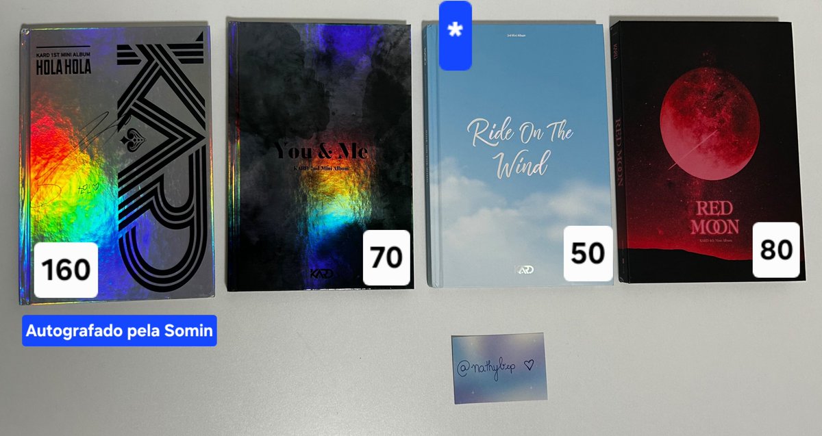 nathybep's tweet photo. ✨ KARD ✨

- Valores sem frete incluso;
- Albuns acompanham poster de pré-venda, exceto Red Moon;
- RM acompanha circle card da Somin e o poster dobrado;
- *️⃣ contém avaria;
- Frete por módico ou via superfrete (à calcular);
- Feedbacks positivos no fixado. https://t.co/id2uOVvly8