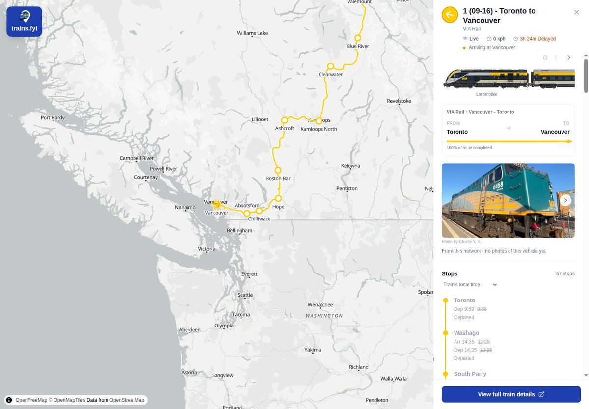 trainsfyi's tweet photo. Today's most delayed train on https://t.co/MnhEhApvpZ is VIA Rail 1 (09-16) from Toronto to Vancouver. It is reported 3h 24m late. 🚆⏰ #trainsfyi #trains #VIARail #Toronto
https://t.co/c9H62lph1N https://t.co/B2d9ek9qwL