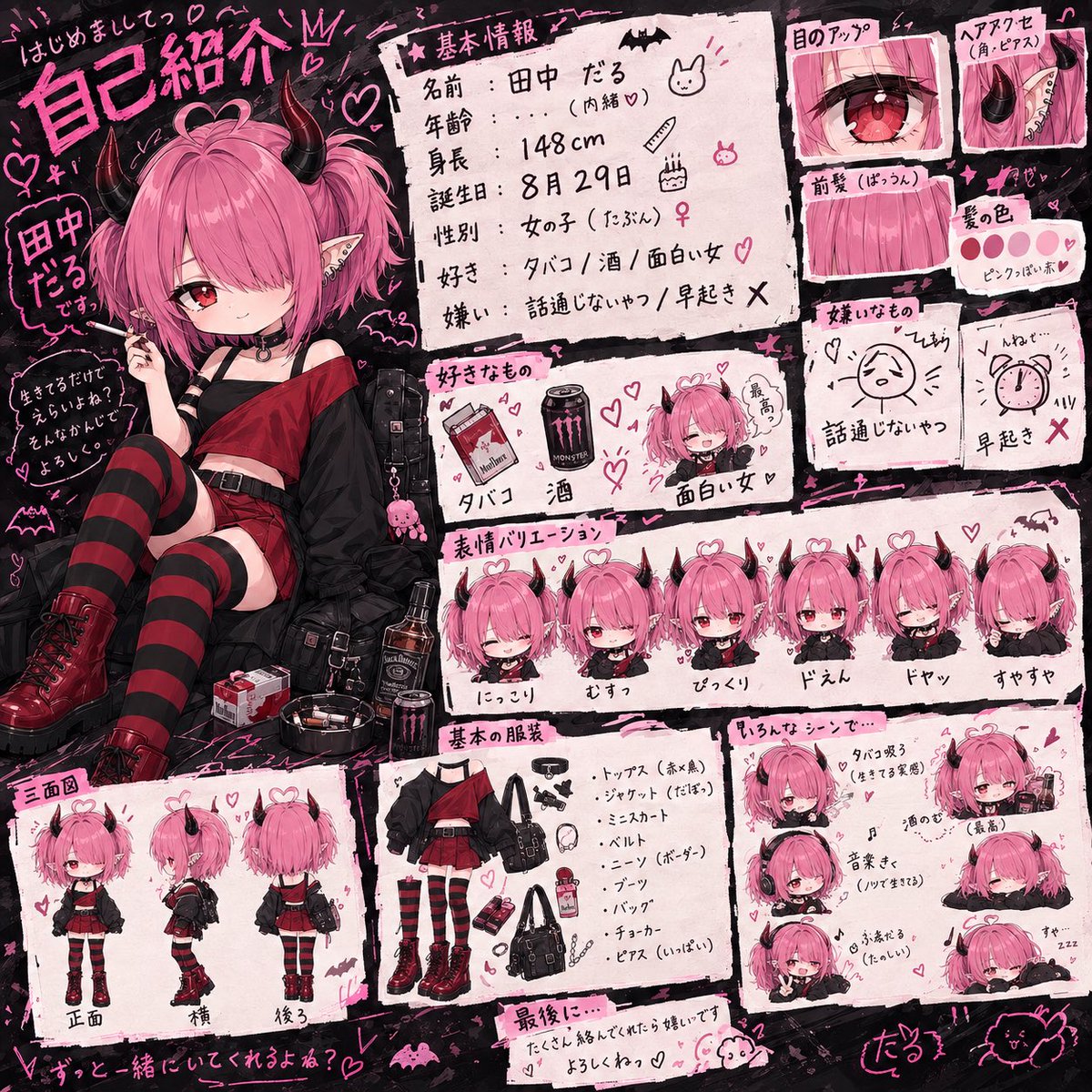____daru____'s tweet photo. チャッピーに自己紹介画像作らせたけどやっぱAIはAIでした😃
なんか色合いと周りの文字達がメンヘラ過ぎる😃
ほんでドえんなに😂😂😂😂 https://t.co/nHbVLaNinj