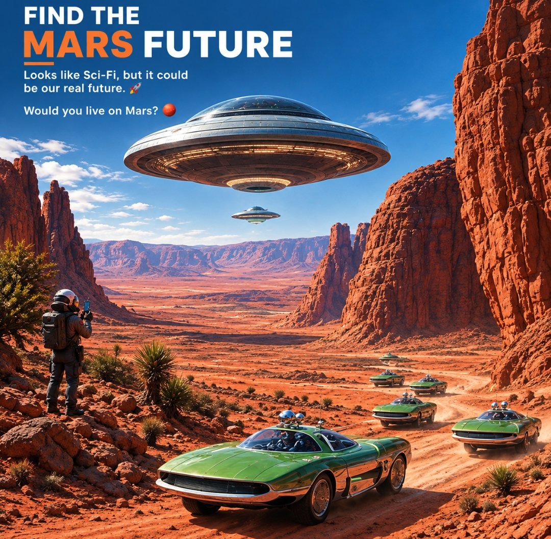 Selin_090's tweet photo. FIND 2050 things

What if this is what the future looks like? 

Flying cars, Mars landscapes, and a whole new world waiting to be explored. 

Would you live on Mars in 2050? 

Drop your answer below 👇 https://t.co/1TSBxWawAx