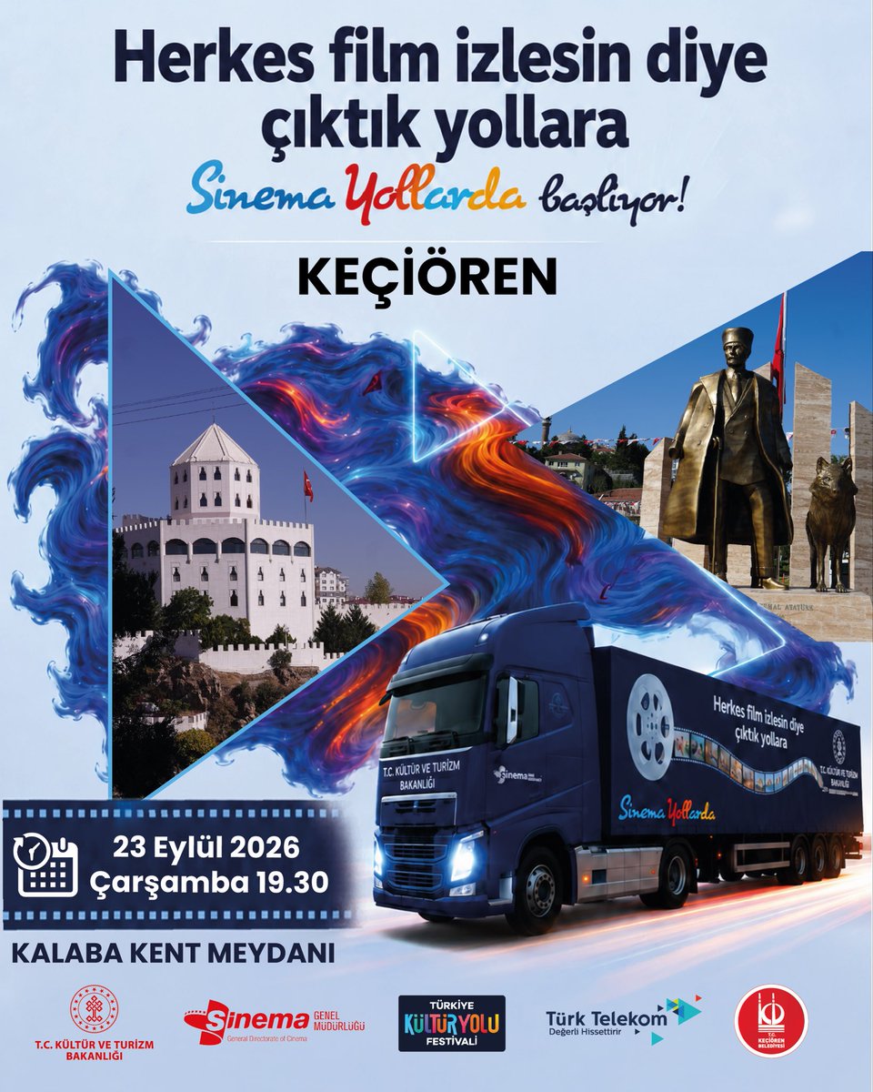 OzarslanMesut's tweet photo. Kültür ve Turizm Bakanlığımız Sinema Genel Müdürlüğü tarafından Kültür Yolu Festivali kapsamında düzenlenen “Sinema Yollarda” açık hava sinema etkinliğine Keçiören’imizde ev sahipliği yapıyoruz.

Açık havada, hep birlikte güzel bir sinema akşamında buluşmak için tüm hemşehrilerimizi bekliyoruz.

📍 Kalaba Kent Meydanı
📅 23 Eylül 2026 Çarşamba
🕢 19.30

Haydi Keçiören, sinema keyfini birlikte yaşayalım!