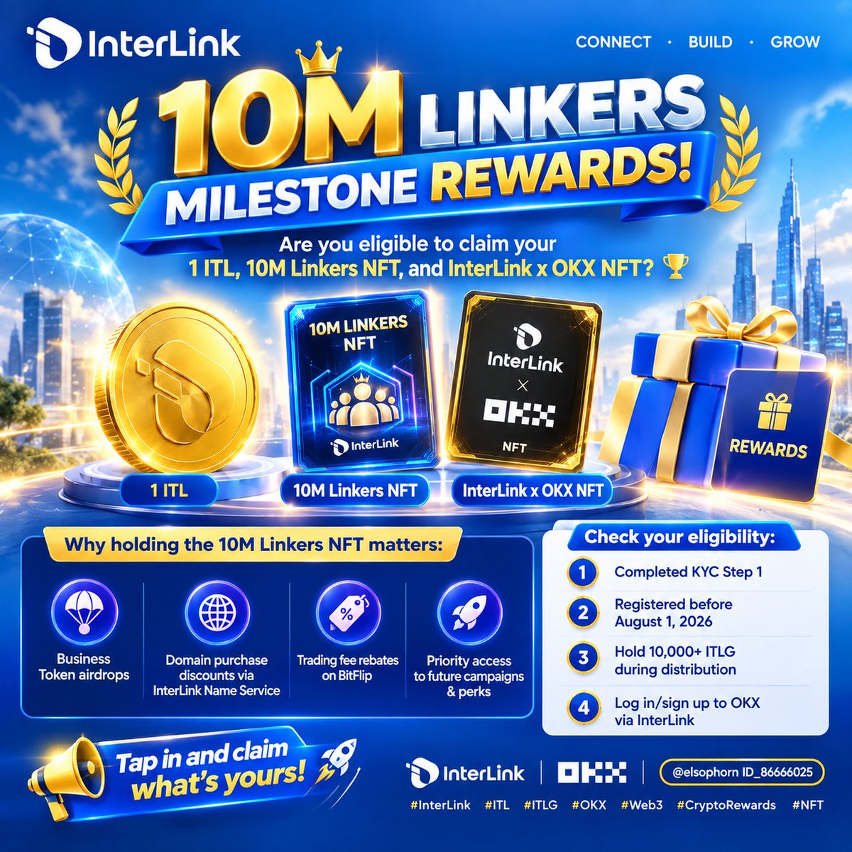 elsophorn's tweet photo. 10M LINKERS REWARDS! 🏆

Claim 1 ITL + 10M Linkers NFT + InterLink × OKX NFT.

✅ KYC Step 1
✅ Registered before Aug 1, 2026
✅ 10,000+ ITLG
✅ OKX connected via InterLink
🚀 Check your eligibility and claim your rewards!

#InterLink 
#ITL 
#ITLG 
#OKX 
#Web3 
#NFT https://t.co/b8SmACLNOi