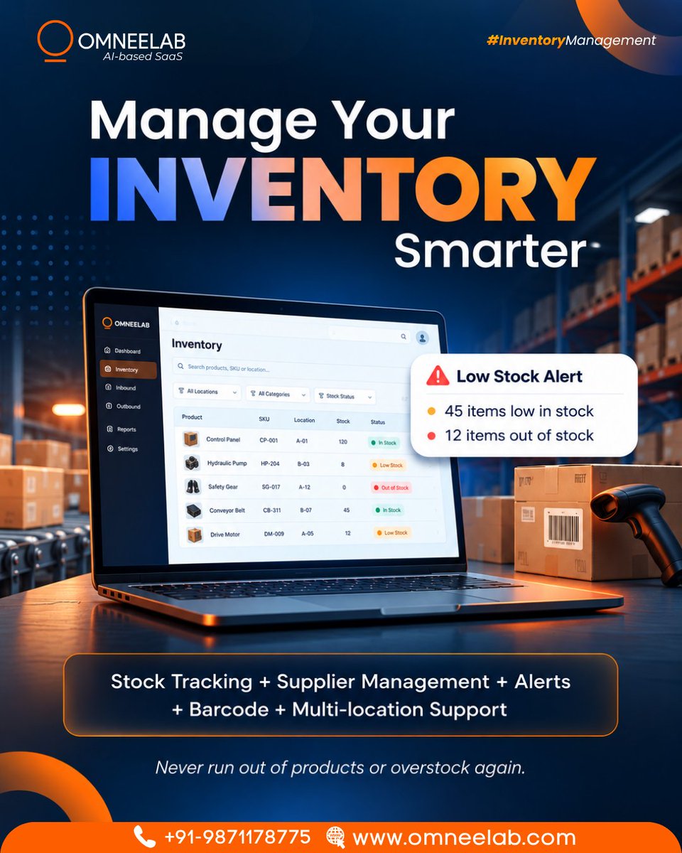 omneelabWMS's tweet photo. Manage inventory smarter with Omneelab WMS! Get real-time stock visibility, low-stock alerts, barcode support &amp; multi-location control—all in one place.

👉 https://t.co/VQmnqfHADS | 📞 +91-9871178775
.
#OmneelabWMS #InventoryManagement #WarehouseManagement https://t.co/XixOflr0Xt