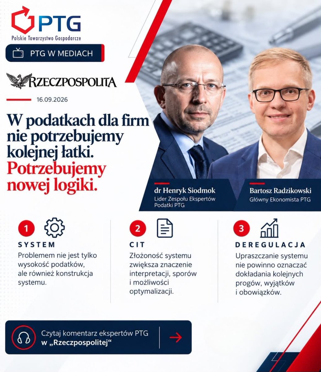 ptg_pl's tweet photo. Podatki dla firm potrzebują nowej logiki.

Dr Henryk Siodmok i @BARadzikowski z PTG dla „Rzeczpospolitej” o CIT, deregulacji i potrzebie uproszczenia systemu podatkowego.

#PTG #Podatki #CIT https://t.co/WKRBZazqLG