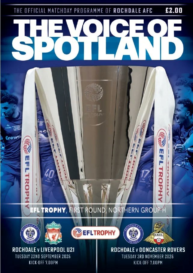 LFCProgMan's tweet photo. Liverpool U21s are in action at Spotland tomorrow night in the first of their 𝗘𝗙𝗟 𝗧𝗿𝗼𝗽𝗵𝘆 matches #LFC
@officiallydale are publishing a joint programme covering both #rafc home matches in the competition #LFCPROG
Copies are available to buy via 👇
https://t.co/RUZFd7qhVx https://t.co/723smdbqxo