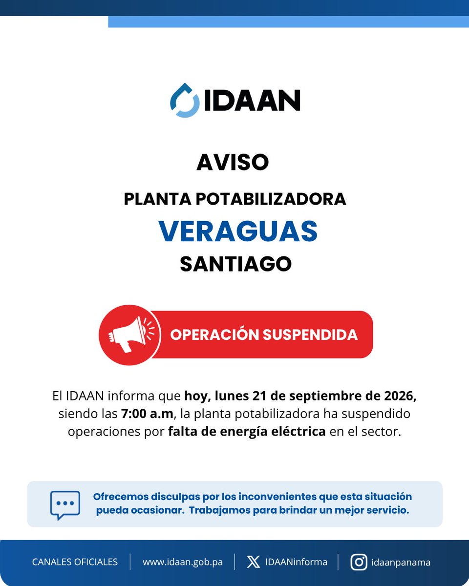 IDAANinforma's tweet photo. 📍Veraguas: La potabilizadora de Santiago suspende operaciones por falta de electricidad. 

El suministro de agua está interrumpido temporalmente en Santiago, La Peña, San Antonio, Atalaya, Los Algarrobos y puntos distantes de la red.

@311Panama https://t.co/8B8ydMar8D