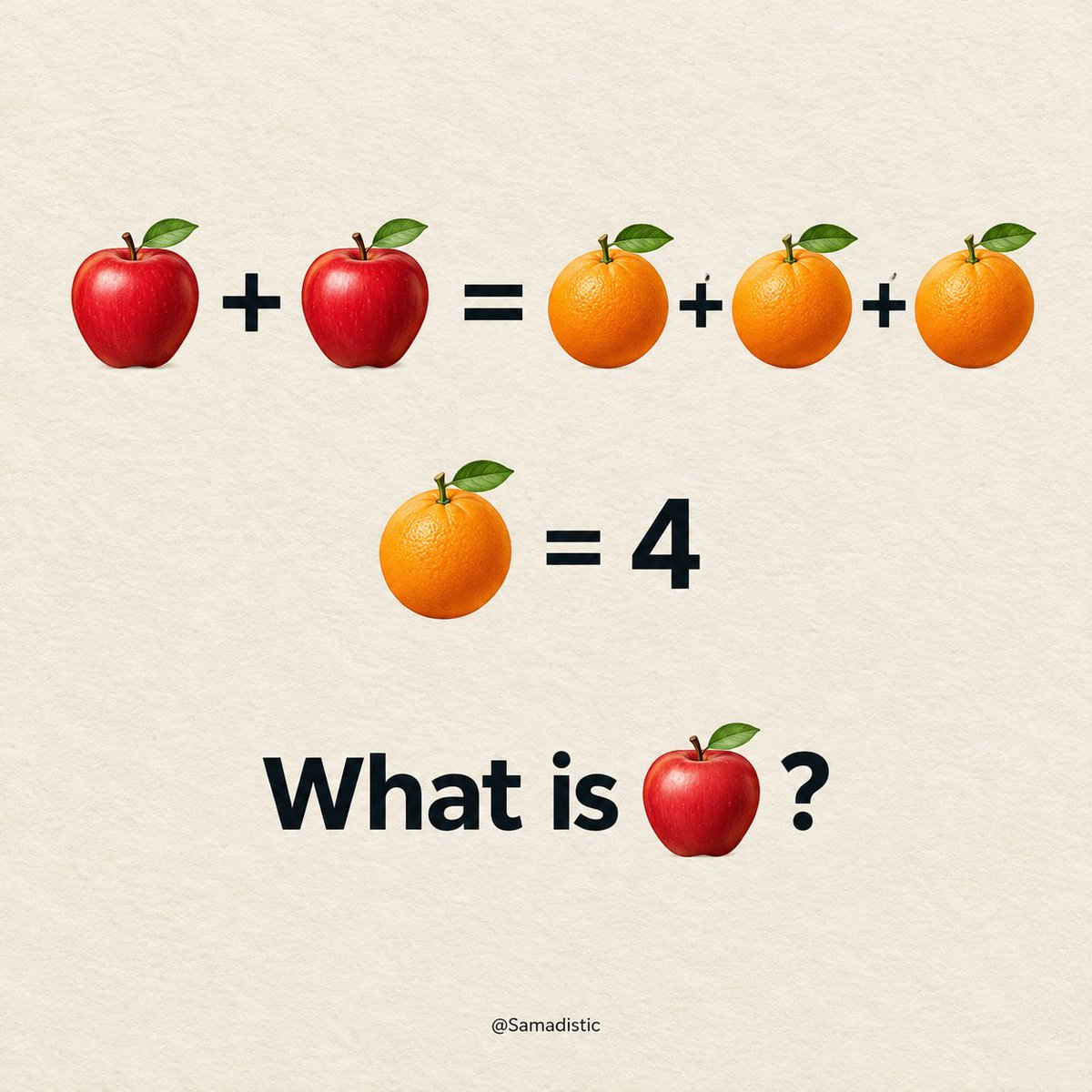 Samadistic's tweet photo. ⚠️ Only sharp eyes get this right.

Simple math… or a trap? 👀

What’s your answer? 🍎👇 https://t.co/Ce9e5u8ksm