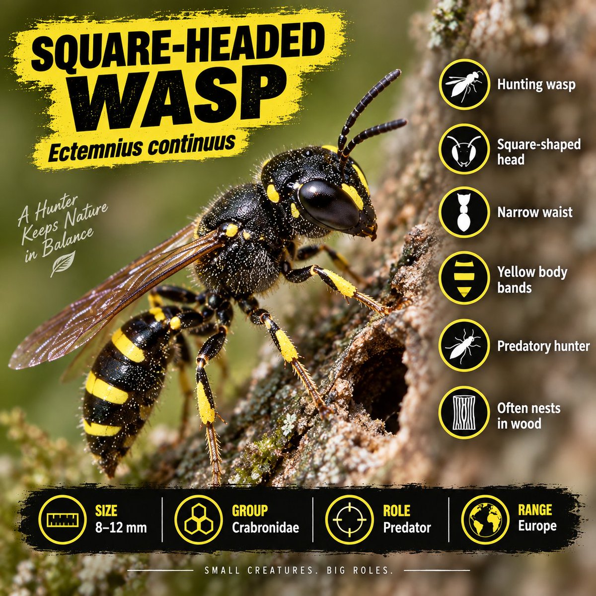 Naturetofly's tweet photo. Bee or wasp? 🐝⚡ At first glance, Hylaeus communis and Ectemnius continuus can look surprisingly similar. But the yellow-faced bee is a tiny pollinator with little visible hair, while the square-headed wasp is a slim predatory hunter. Same colors, very different lives. Which one fooled you first?
#BeeVsWasp #InsectWorld #NatureFacts
