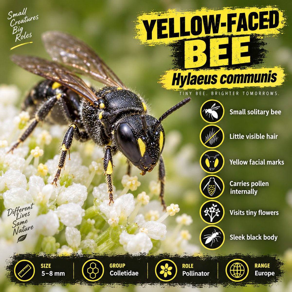 Naturetofly's tweet photo. Bee or wasp? 🐝⚡ At first glance, Hylaeus communis and Ectemnius continuus can look surprisingly similar. But the yellow-faced bee is a tiny pollinator with little visible hair, while the square-headed wasp is a slim predatory hunter. Same colors, very different lives. Which one fooled you first?
#BeeVsWasp #InsectWorld #NatureFacts