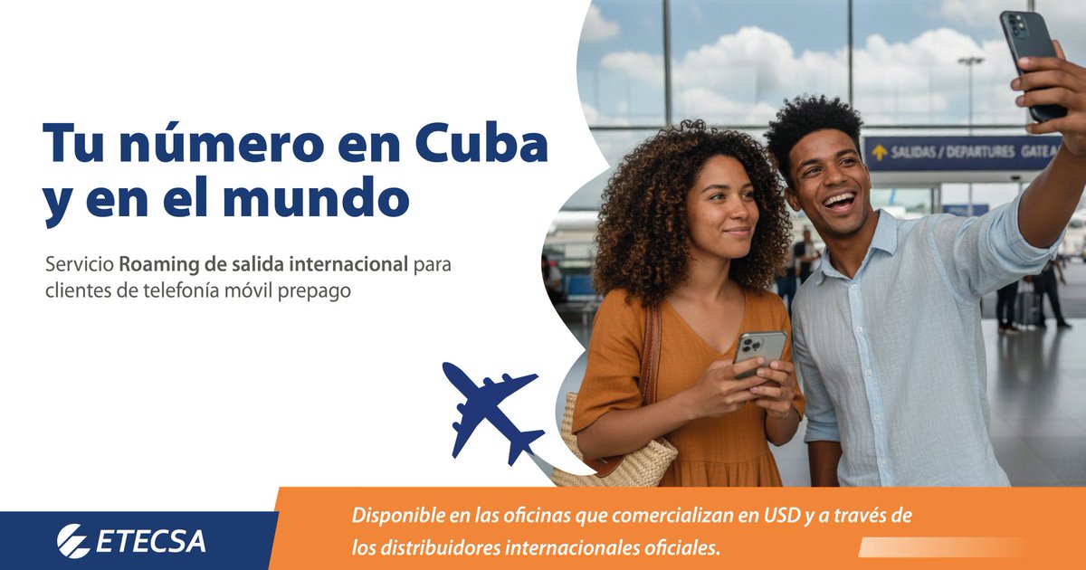 EtecsaMatanzas's tweet photo. ✈️  Disponible el servicio de Roaming de salida internacional para clientes de la telefonía móvil prepago. Podrás mantener tu número funcionando mientras viajes.
Más información en https://t.co/W1XM0uJh8G 🌐#RoamingInternacional
#EtecsaConCuba https://t.co/FPG5uIiarf