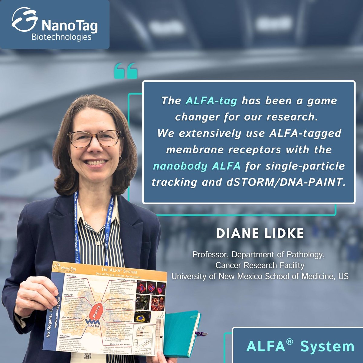 _NanoTag_'s tweet photo. 💬 “The ALFA-tag has been a game changer…” Great to hear this from Prof. Diane Lidke at The University of New Mexico School of Medicine @UNM ! Her team uses #ALFAtag and #NbALFA for single-particle tracking &amp; #dSTORM / #DNAPAINT 🔬

📄#ALFAsystem 700+ publications &amp; counting! 💪 https://t.co/OfKKXzz0l5