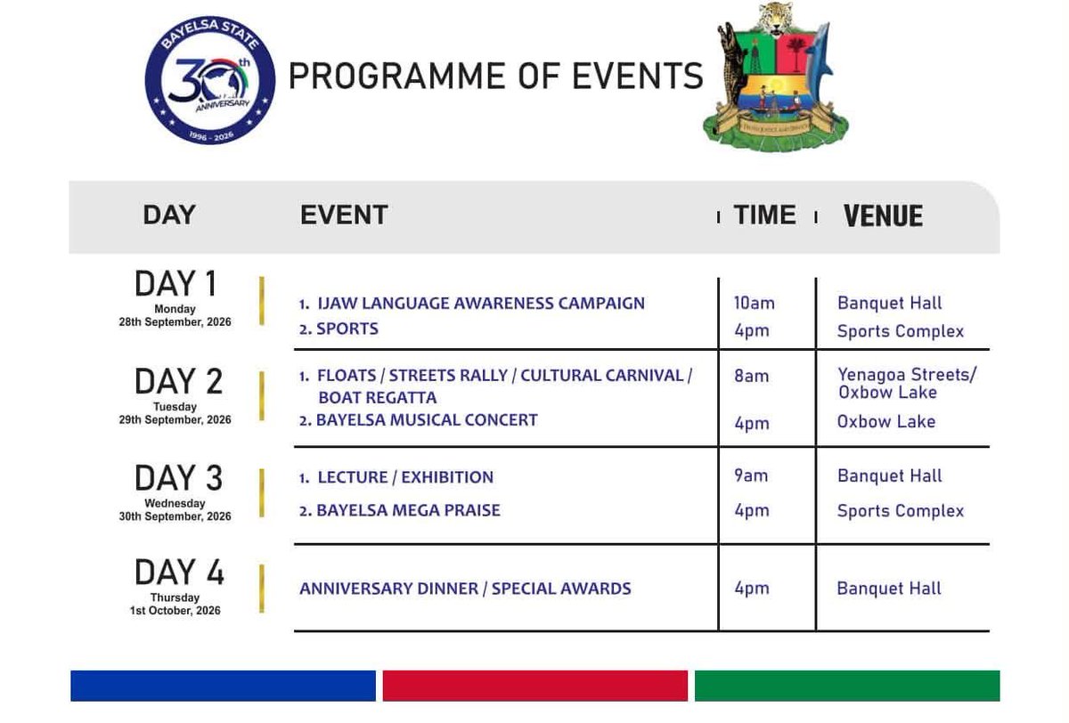 PatrickIpidei's tweet photo. Bayelsa@30:Celebrating Legacies 

Celebration begins Monday 28th September 

Bayelsa State Government has announced programmes to mark the 30th anniversary of the creation of Bayelsa State. https://t.co/rMDu1rpE1d