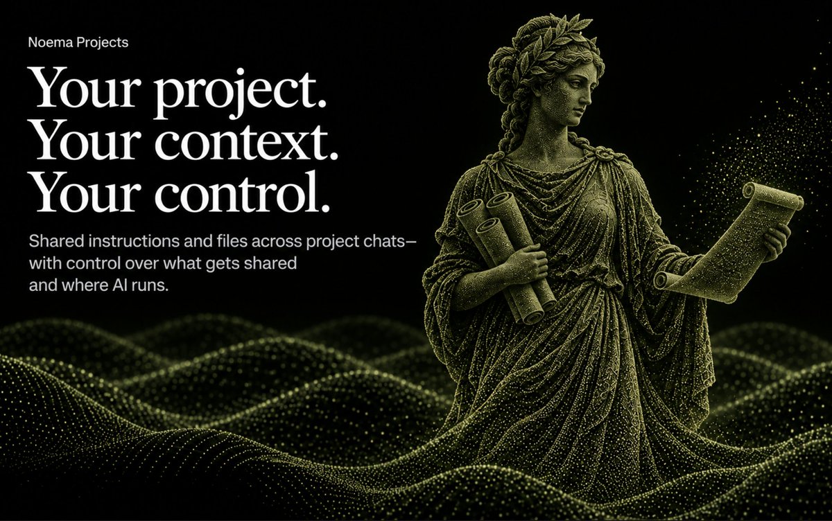 noemanetwork's tweet photo. Project context should belong to you. The latest $NOEMA update brings:

* ⁠Shared instructions and files across project chats
* Control over which files enter the conversation
* Web search with linked sources
* Enforced execution policies: on-device only, your hardware only or zero-retention cloud  

Your project material stays stored locally. Selected context gets ZKR protection when using cloud AI.

More than remembering the brief. Control over what gets shared and where the work happens.

https://t.co/2JNMKL2huw