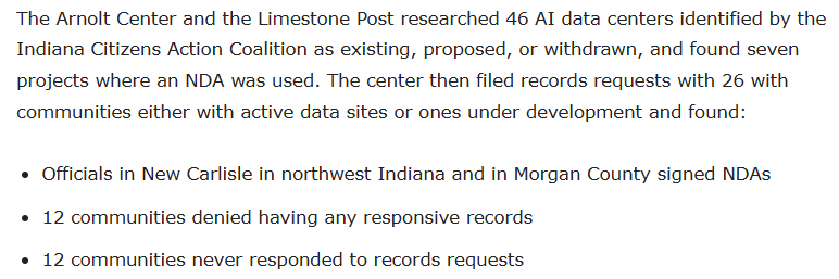 Ben_Inskeep's tweet photo. Your elected officials and utilities are signing non-disclosure agreements with Big Tech's data centers, keeping you in the dark about projects and their impacts.

At least 7 AI data centers in Indiana are using NDAs, but 12 communities didn't respond to records requests 🔍👁️ https://t.co/EbjQjzvJFC