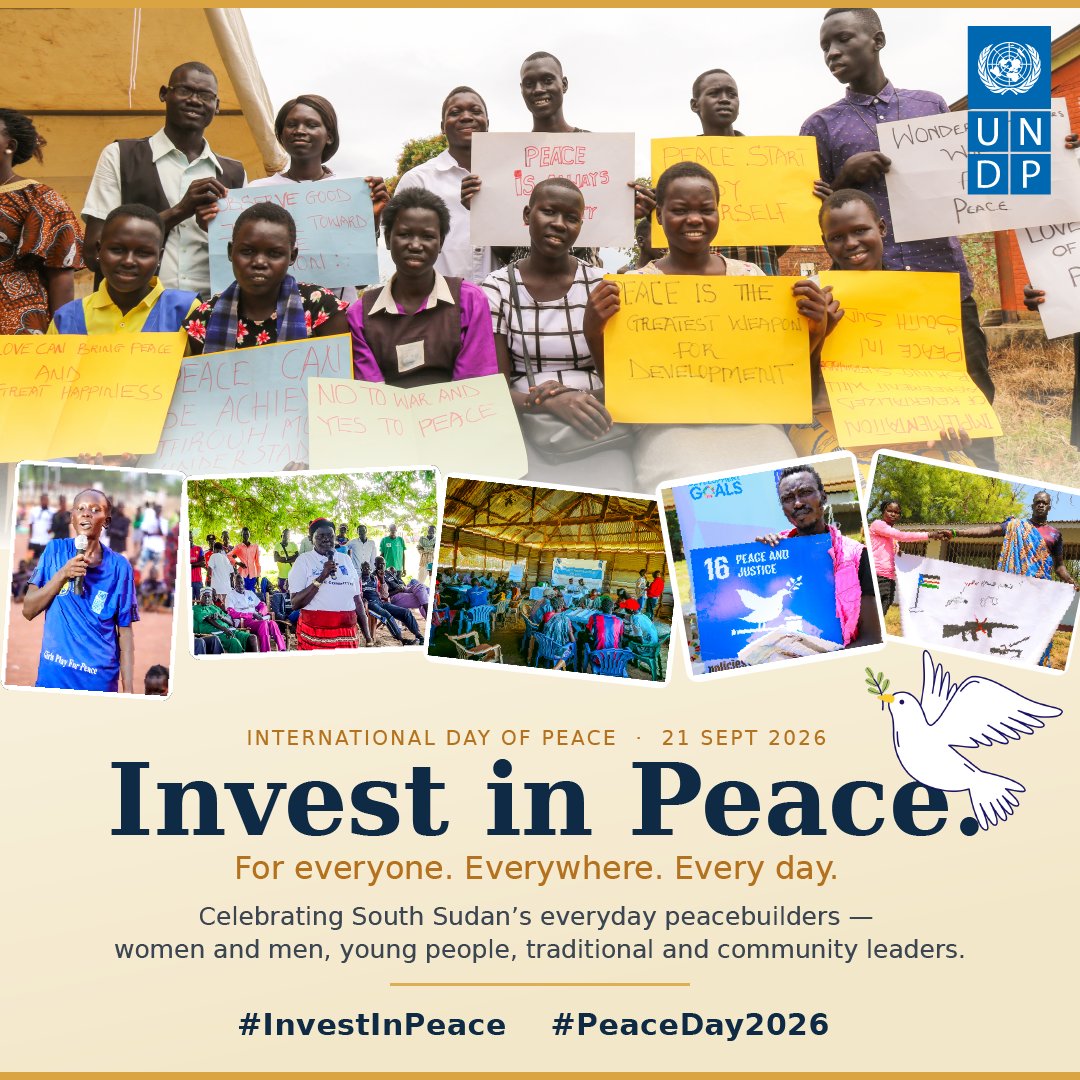 undpsouthsudan's tweet photo. UNDP joins the people of #SouthSudan and the world in commemorating the International Day of Peace.

Peace is built every day—in our communities, through dialogue, trust, inclusion and opportunity.

Today, we celebrate South Sudan’s everyday peacebuilders who work tirelessly to prevent conflict, strengthen social cohesion and build more peaceful and resilient communities.

Invest in Peace. For Everyone, Everywhere, Every Day.